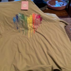 Teedino olive green tee shirt with rainbow heart paw prints graphic 3X